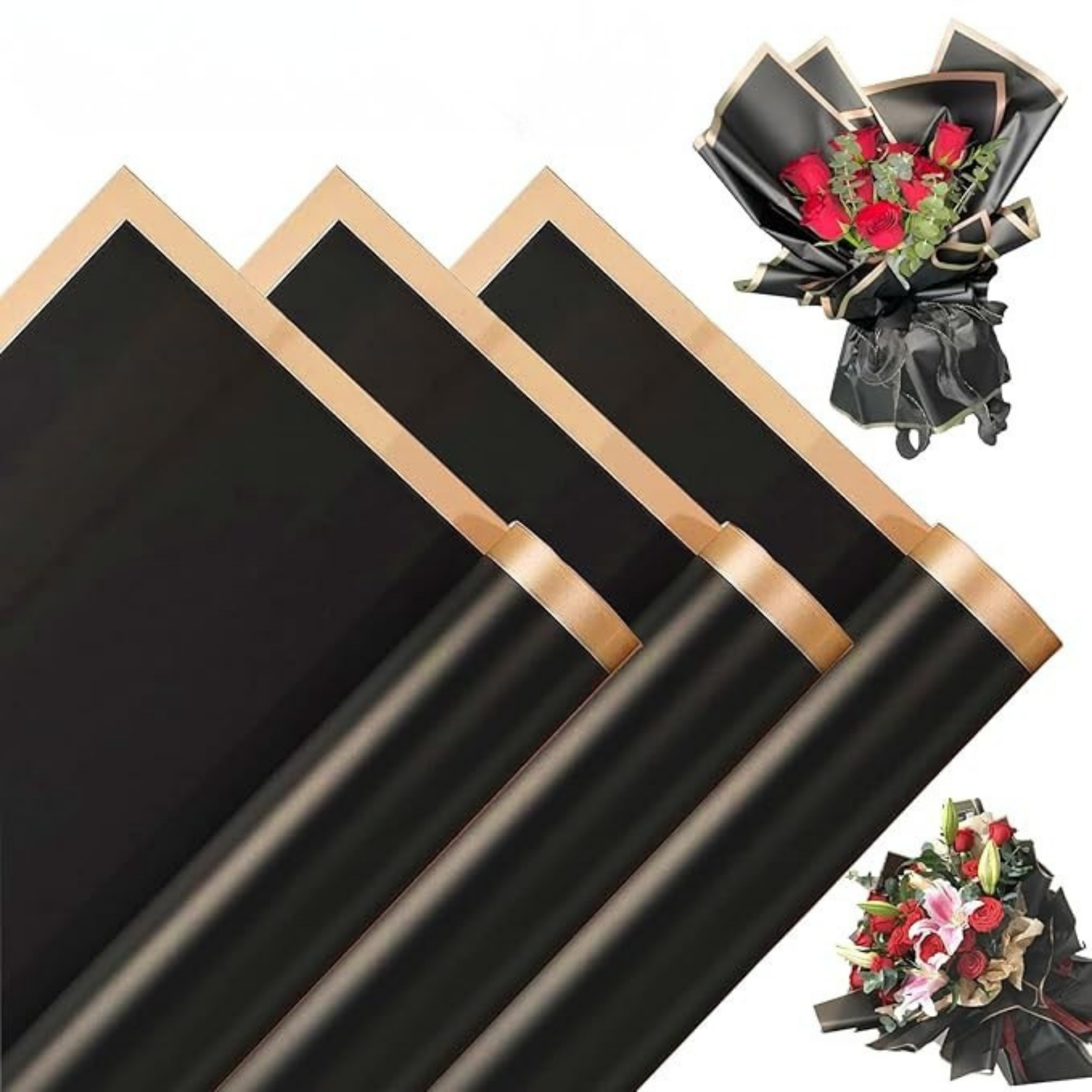 Çiçek Buket Kağıdı - Çiçek Ambalaj Kağıdı - Siyah - Altın Kenarlı