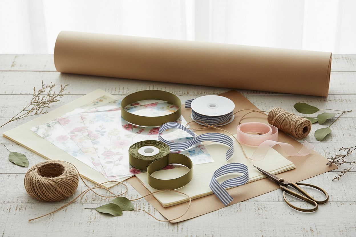 There should be kraft paper rolled up in the background, but the color of the kraft paper should be light brown and in a flat roll form, and there should be other flower bouquet packaging and ribbons etc.